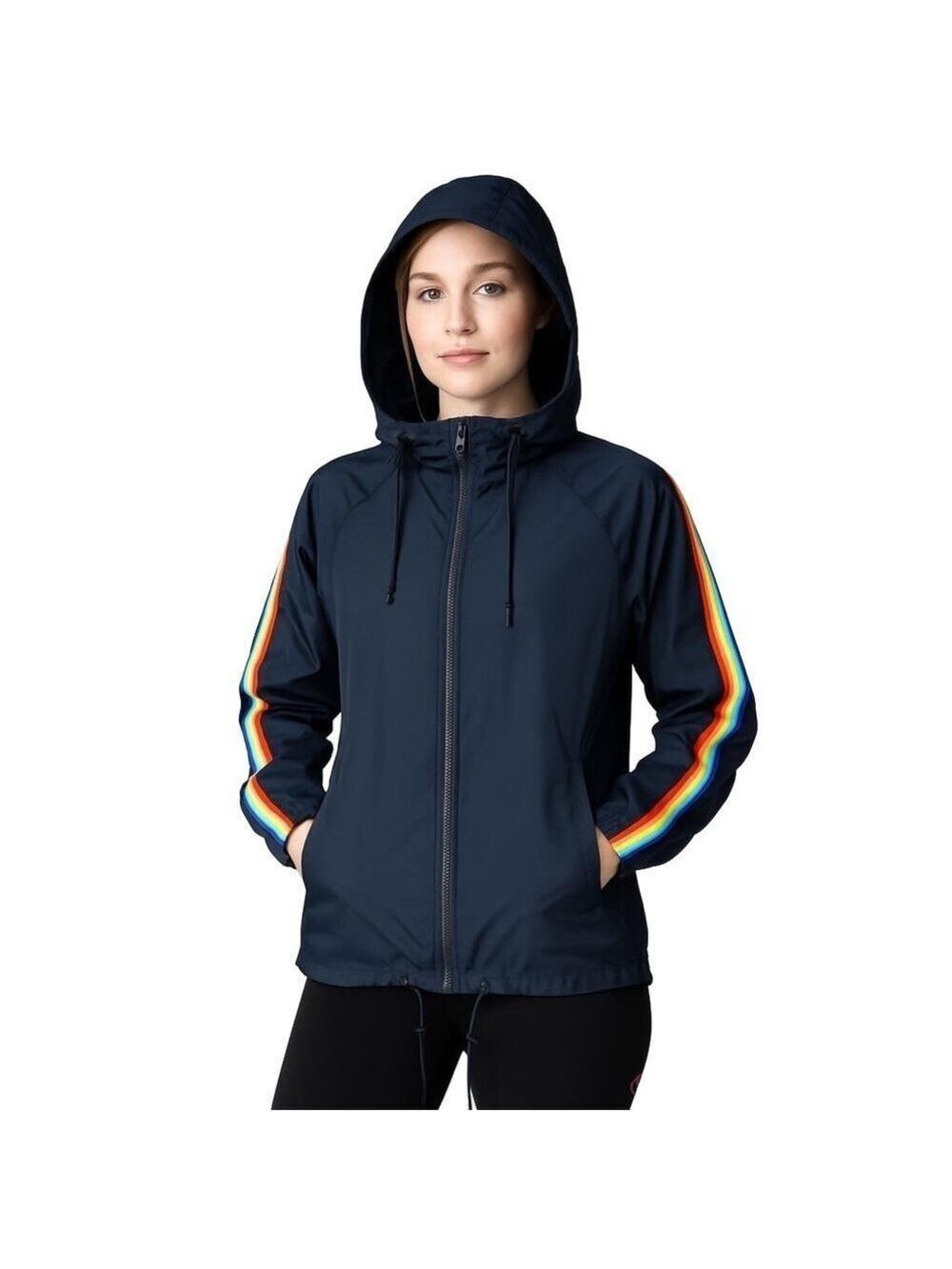 ZYIA Active Rainbow Sleeve Bomber Jacket w/ Thumbholes Blue Size Medium